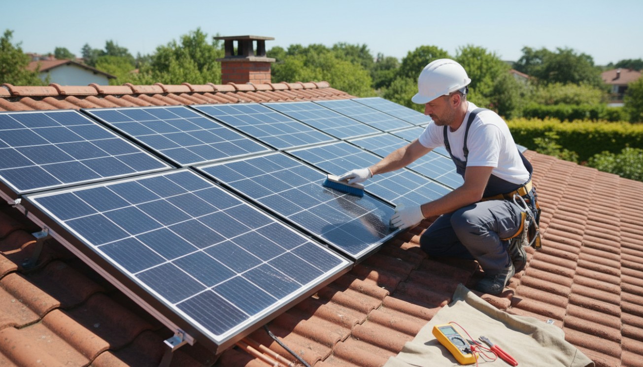 Technician cleaning flat plate solar collectors on a pitched roof, showing safe solar collector cleaning and routine maintenance work